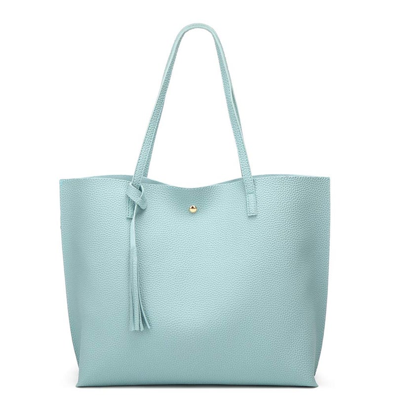 Dreubea Women's Soft Faux Leather Tote Shoulder Bag from, Big Capacity Tassel Handbag Light Blue - Image 1